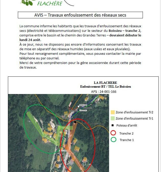La Mairie vous informe que des travaux d’enfouissement des réseaux secs débuteront le 24 août dans le secteur du Boissieu,